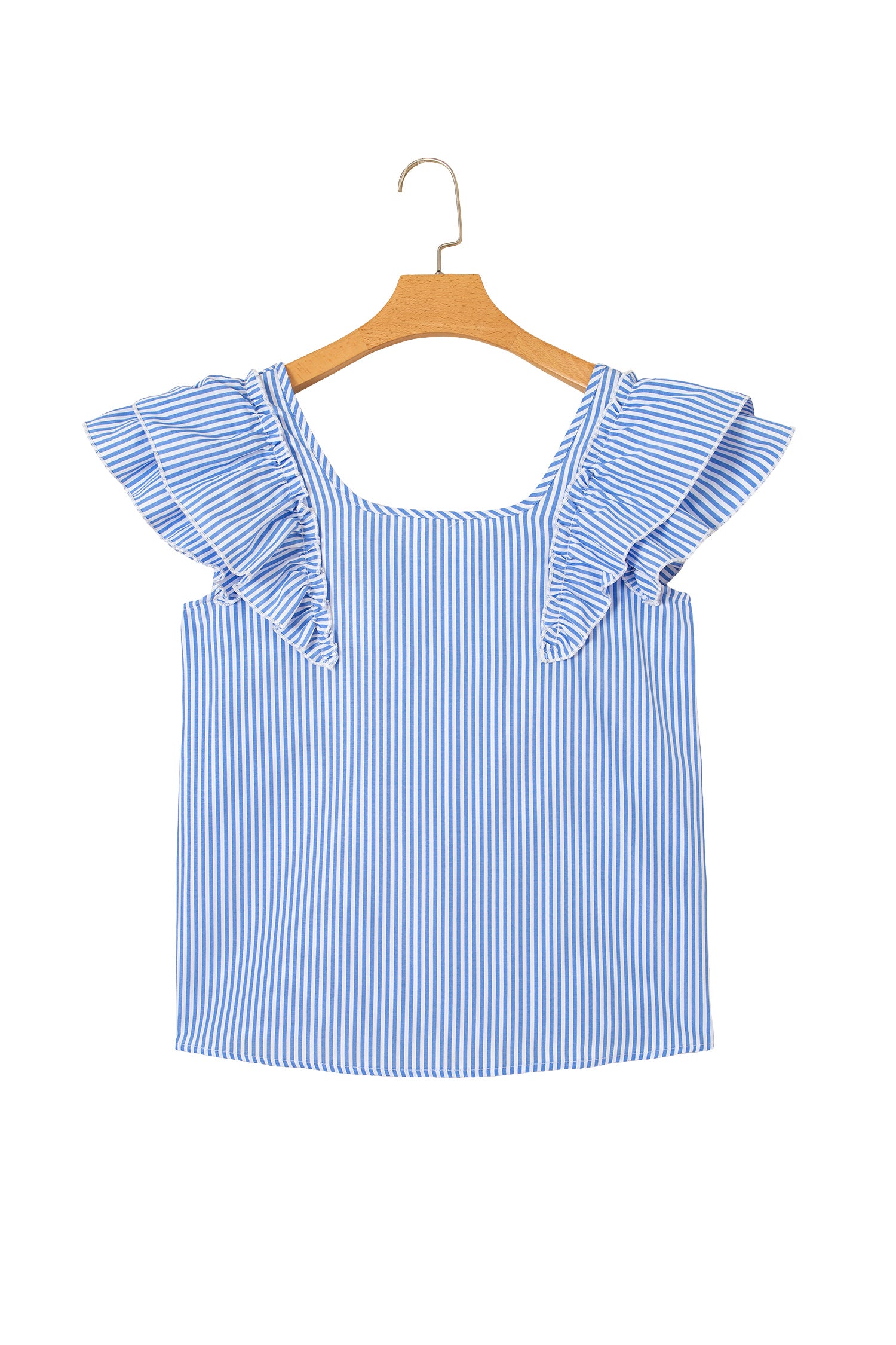 Blouse Manches Courtes Rayée Bleu Ciel Carré à Nœud & Volants — Style Urbain Chic