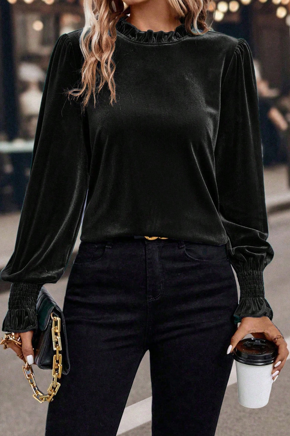 Blouse femme velours, smocké, manches bouffantes — noir