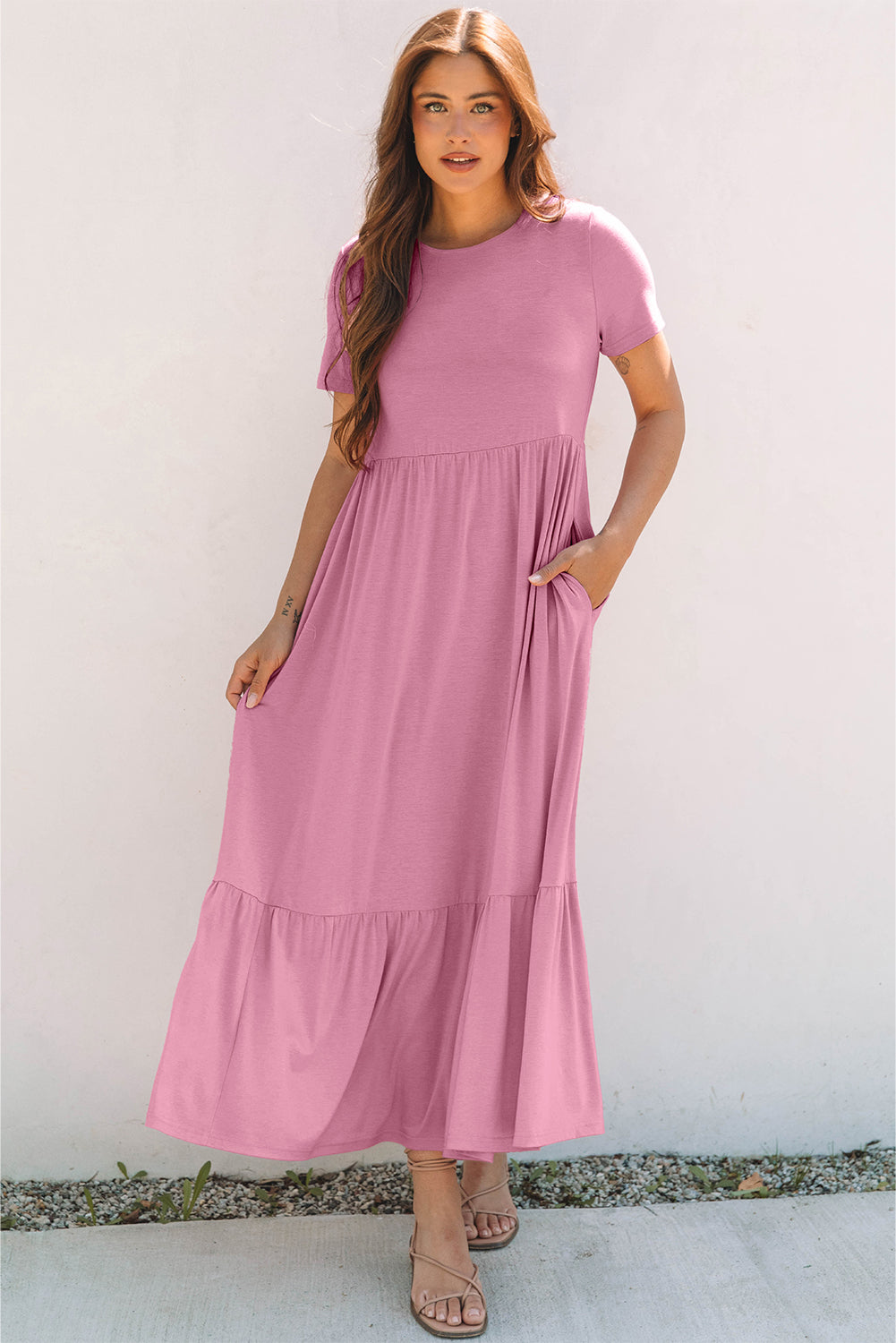 Robe femme poches, taille haute, uni — rose