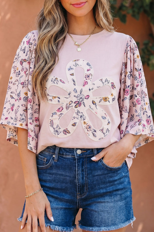 Pink Contrast Floral Patched Flowy Half Sleeve Blouse