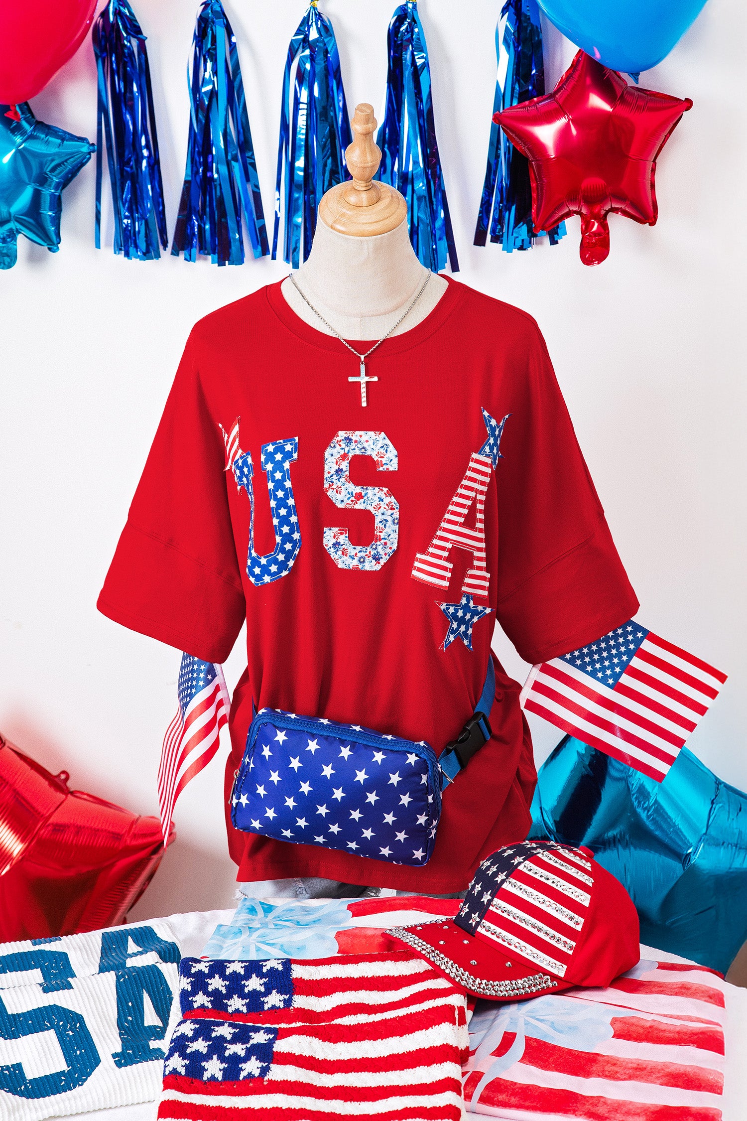 Fiery Red Patriotic USA Slogan Patch Embroidery Short Sleeve T Shirt