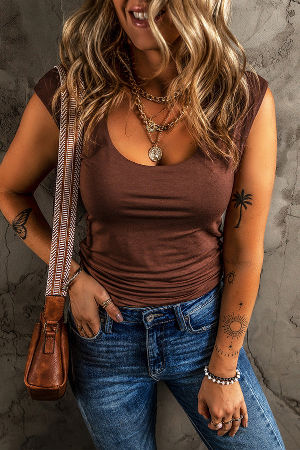 Débardeur femme col U, coupe slim, uni — café