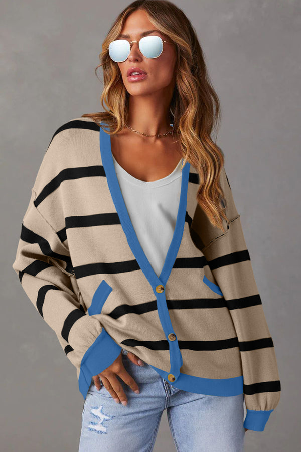 White Colorblock Drop Shoulder Buttoned Loose Cardigan femme · LC2711645-P122 · LC2711645-P122-2XL
