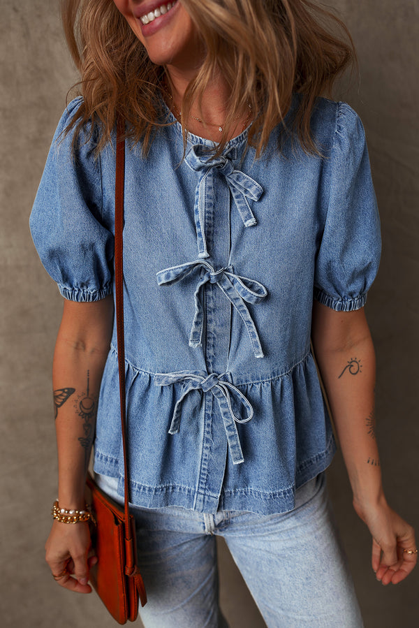 Chemise femme manches ballon, denim — bleu