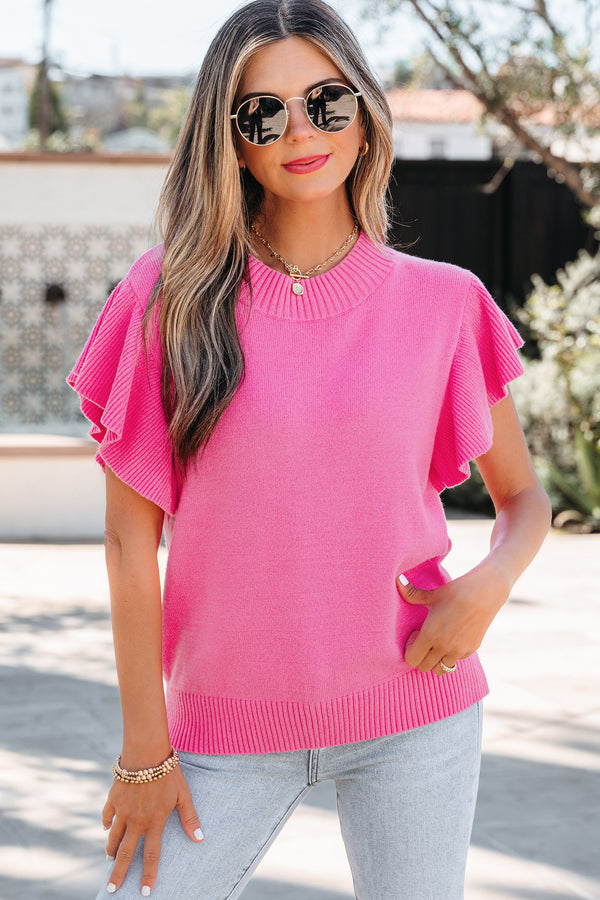 Pull femme à volants, manches courtes, col rond, uni, côtelé — rose · LC2771254-P406 · LC2771254-P406-L