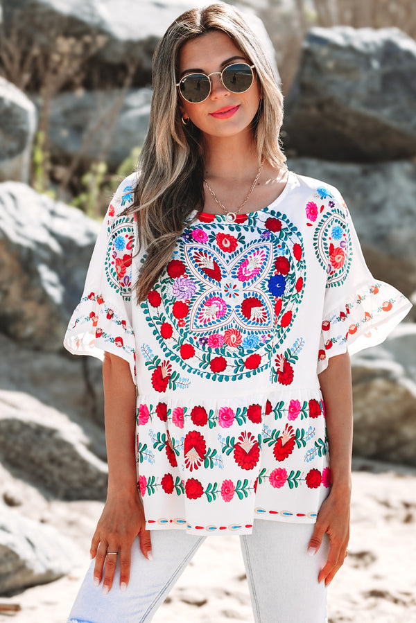 Blouse femme floral, à volants, col rond — blanc
