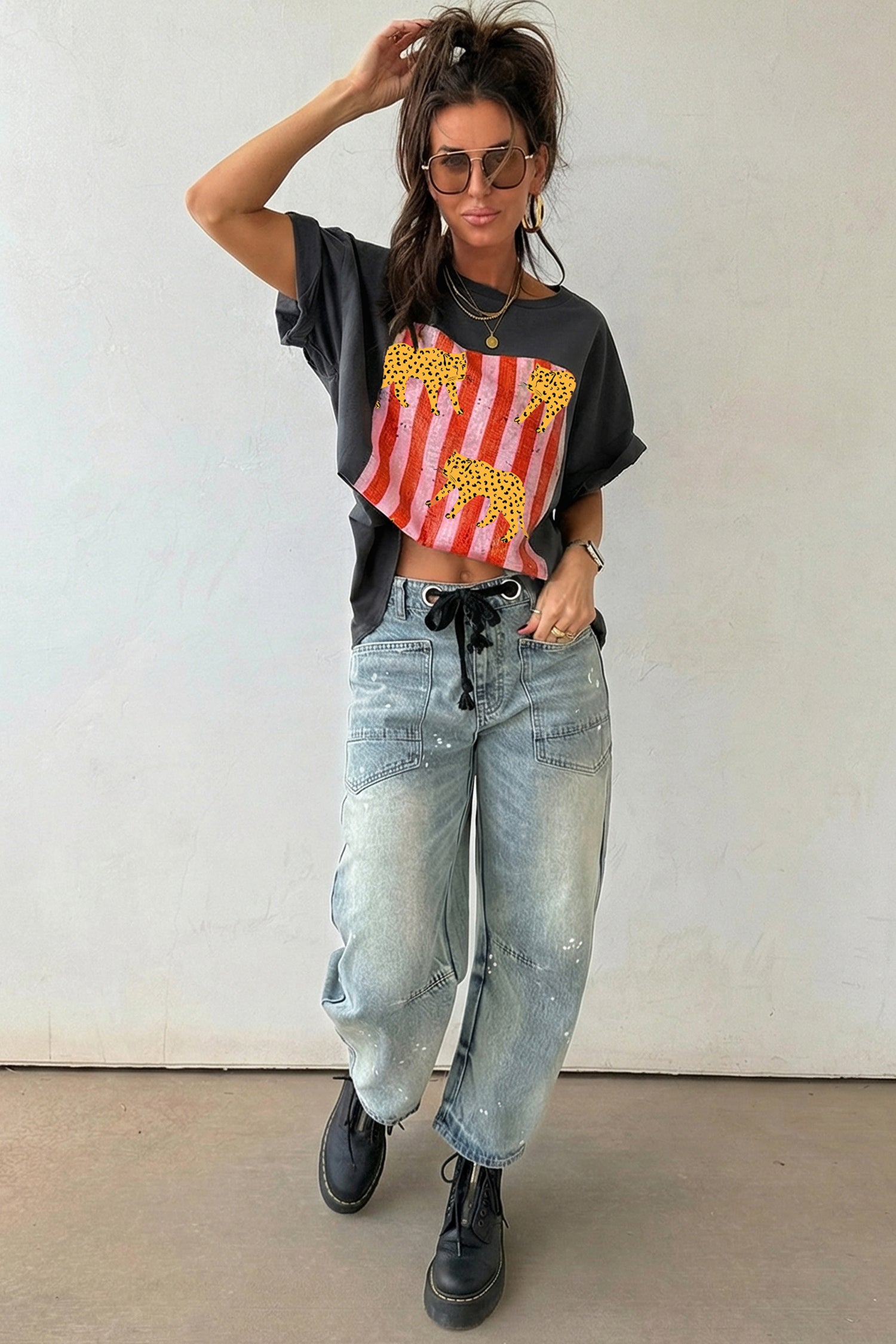 Dark Grey Cheetah Striped Print Retro Fashion Graphic Tee