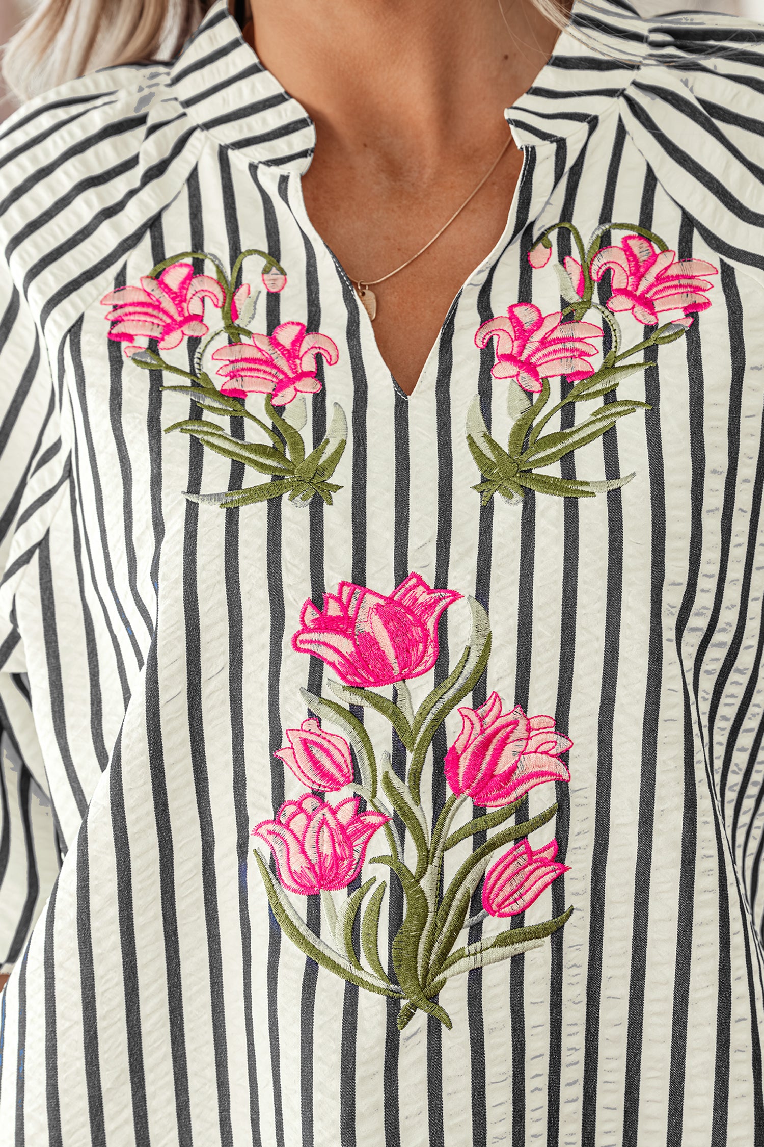 Blue Stripe Floral Embroidered Detail V Neck Short Sleeve Blouse