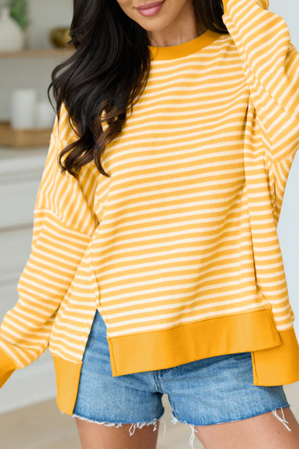 Khaki Stripe Textured Knit Color Block Trim Split Hem Long Sleeve Top