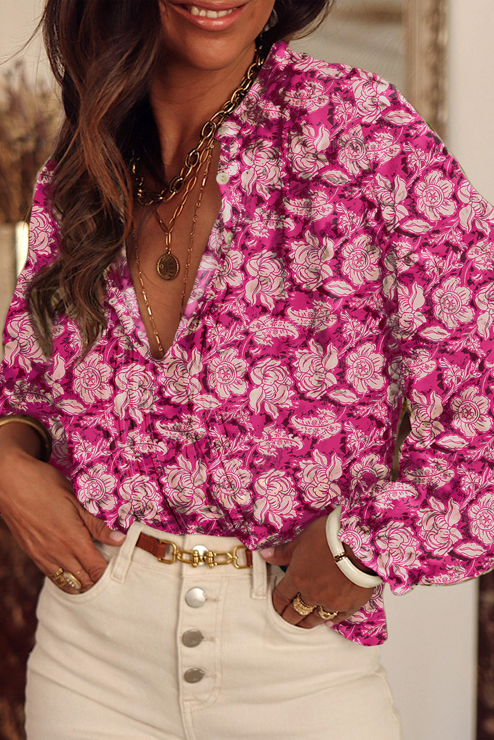 Sky Blue Floral Print Split Neck Pleated Puff Sleeve Blouse