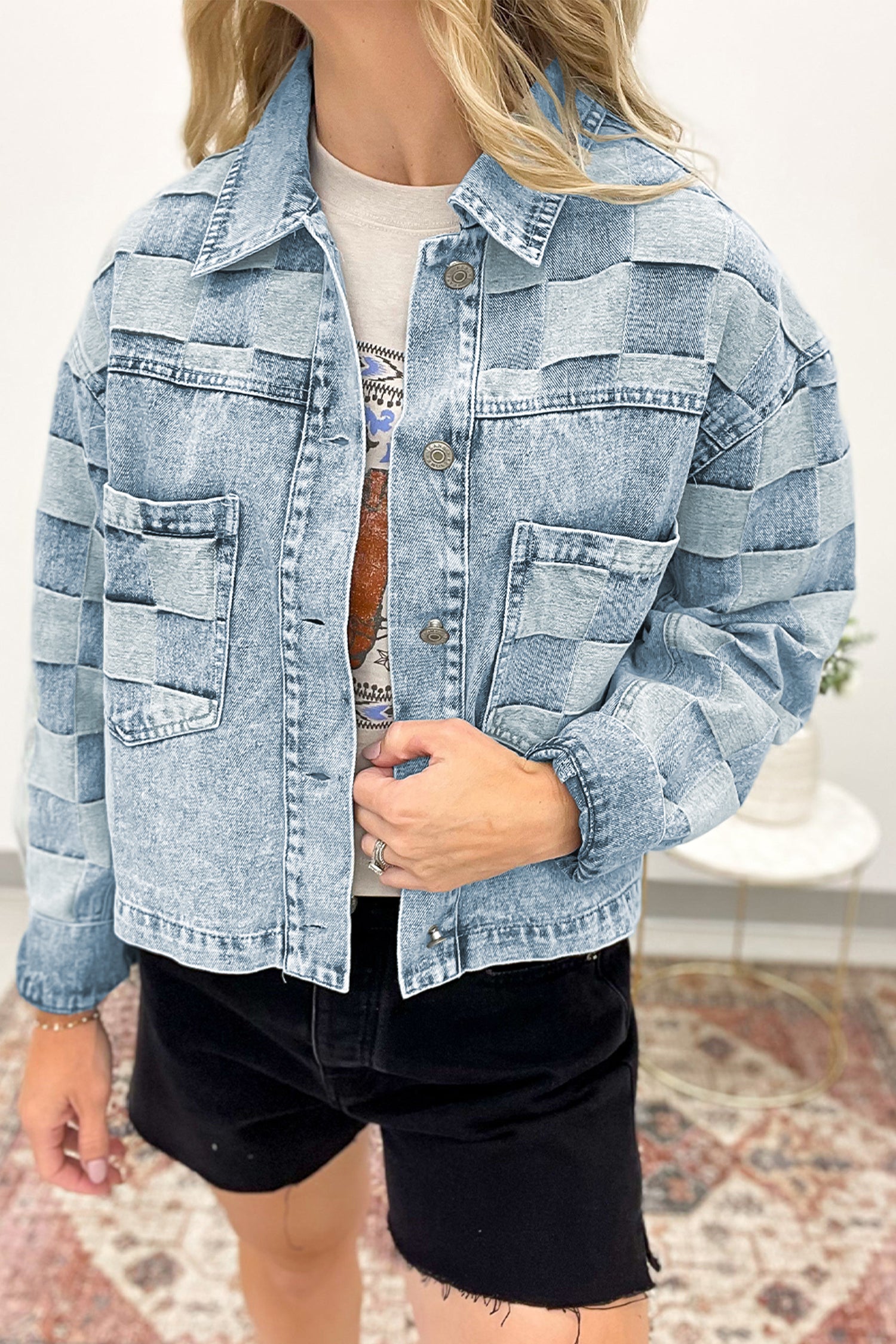 Veste femme à carreaux, patchwork, casual, denim — bleu ciel