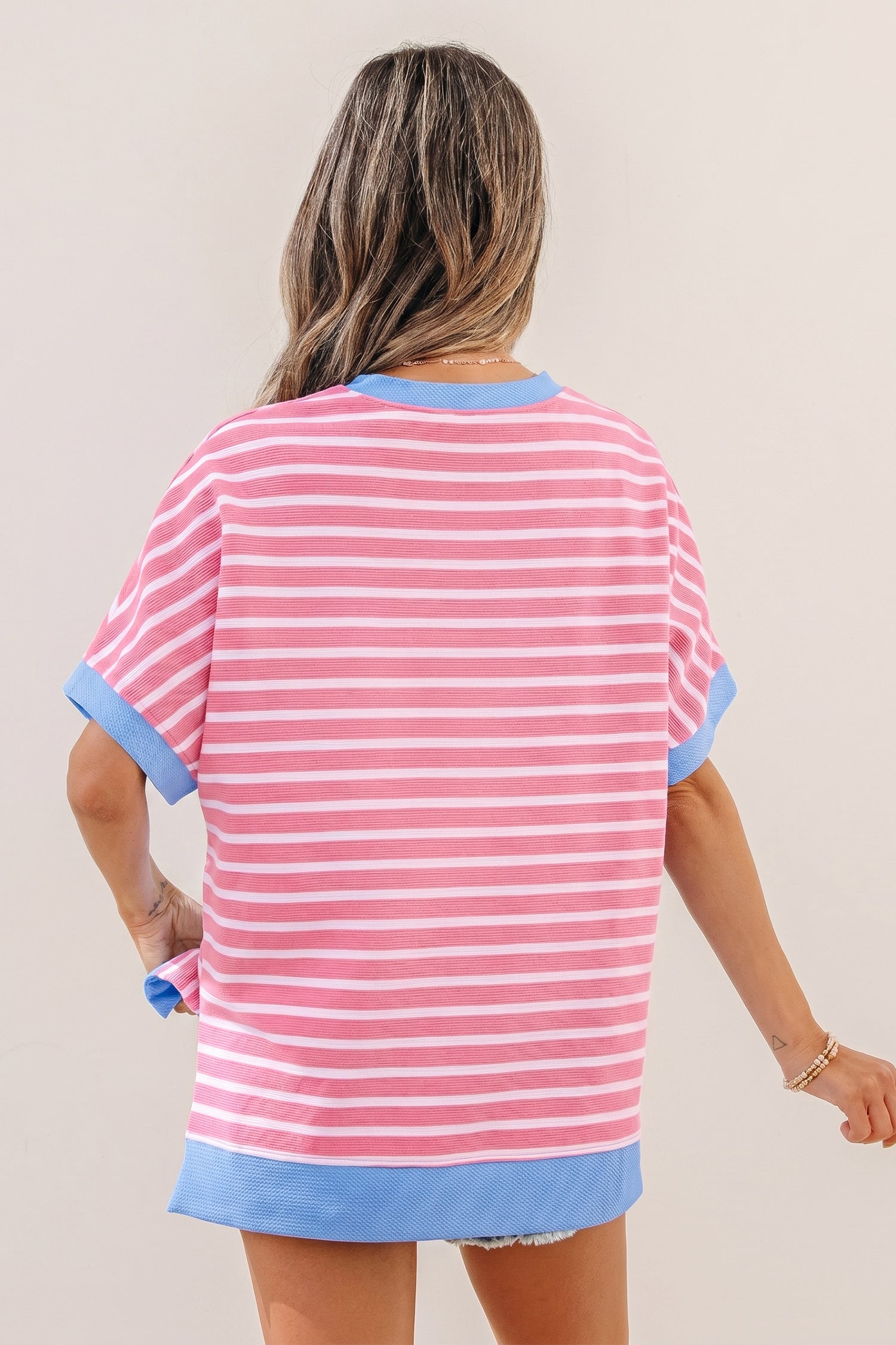 Pink Stripe Contrast Trim Loose Short Sleeve Top