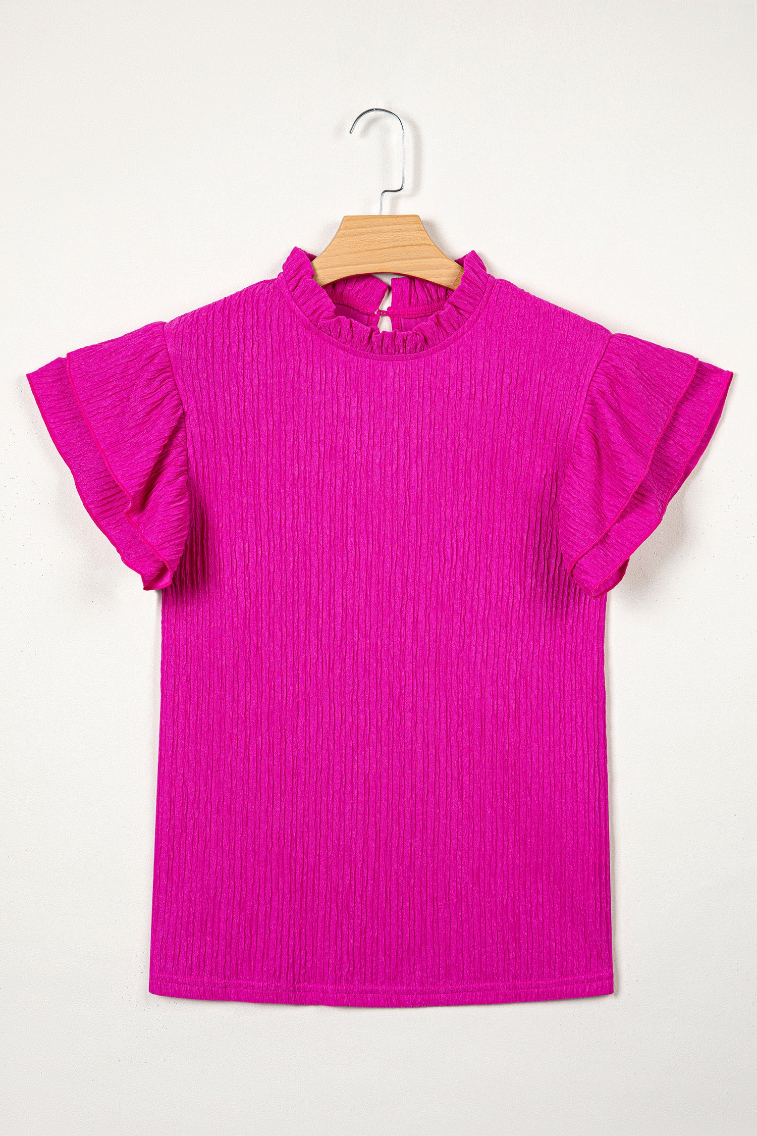 Rose Red Solid Color Textured Ruffle Trim Short Sleeve Blouse