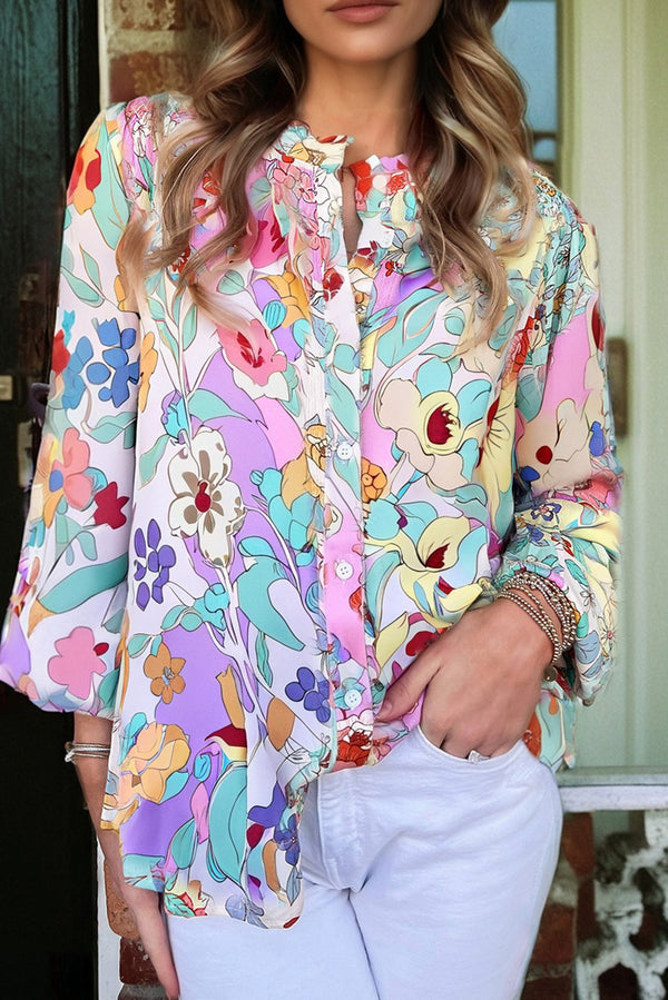 Chemise femme floral, patchwork, manches longues — rose