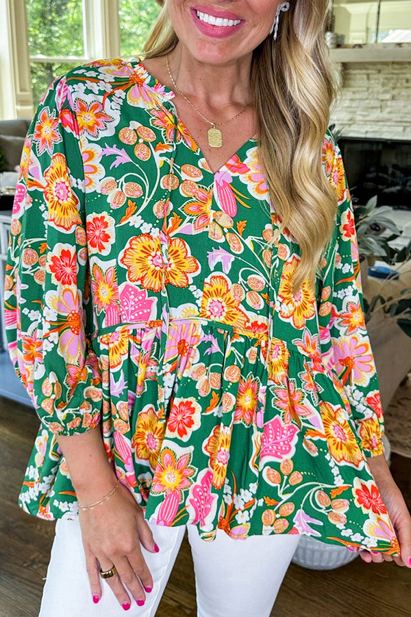 Blouse femme floral, manches bouffantes, col V — vert