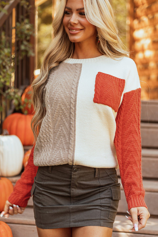 Pull femme poches, épaules tombantes, colorblock — doré · LC2725069-P5014 · LC2725069-P5014-L
