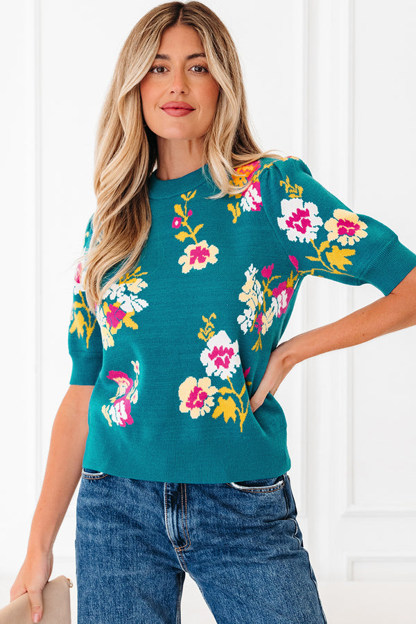 T-shirt femme en maille, manches courtes, col montant — bleu