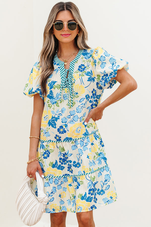 Robe femme floral, rayé, manches courtes — bleu