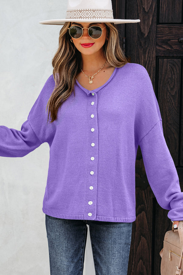 Wisteria Solid Color Knit Button Drop Shoulder Sweater Cardigan femme
