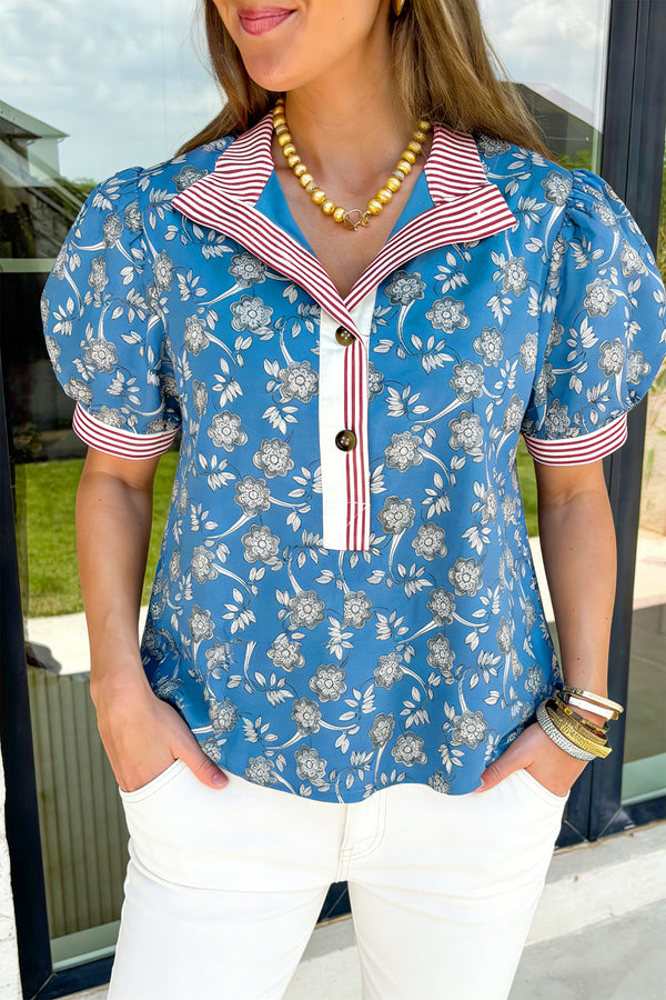 Blouse femme floral, rayé, boutonnée, manches courtes — bleu