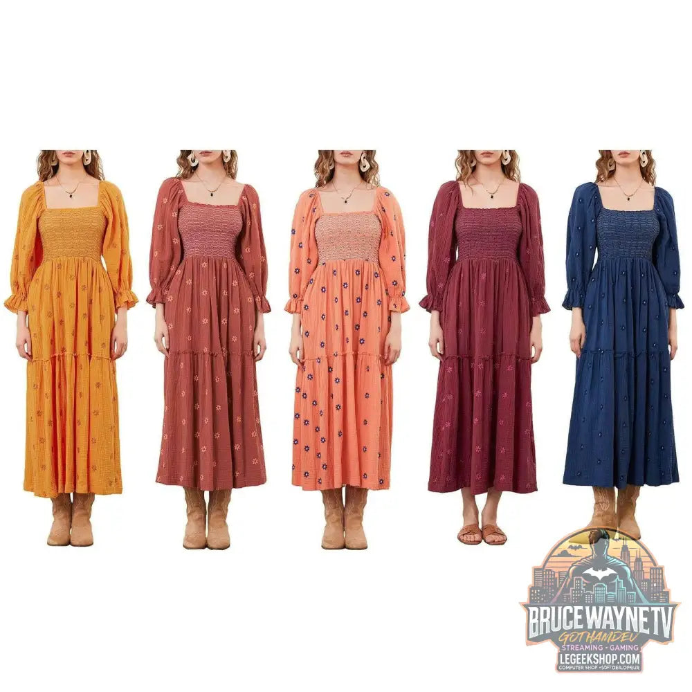 🌺 Robe longue à fleurs brodées 3D – Col carré & manches bouffantes - Legeekshop