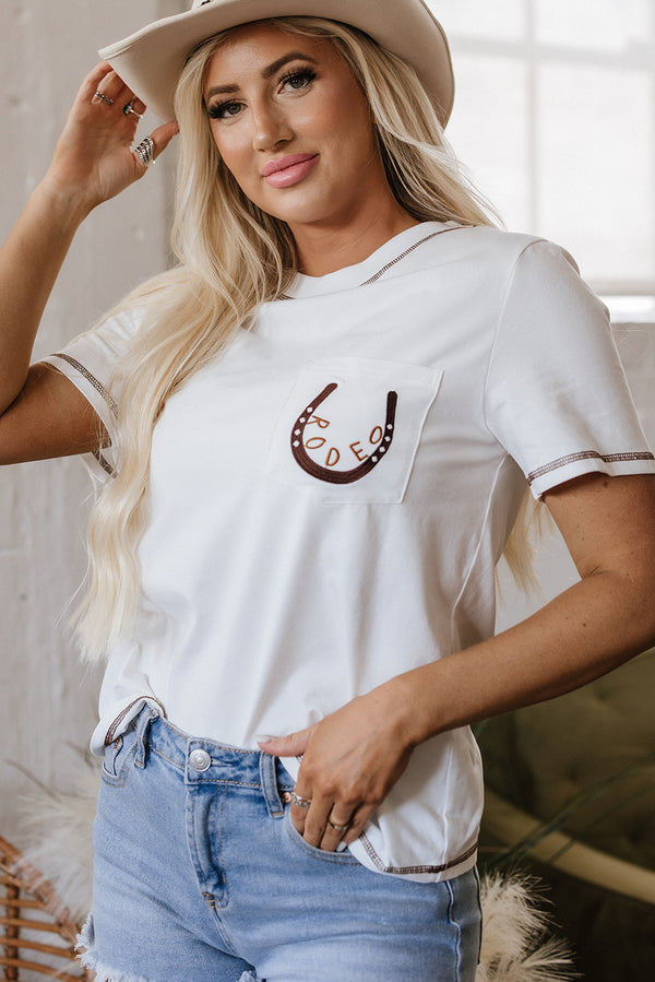T-shirt femme brodé, poches — blanc