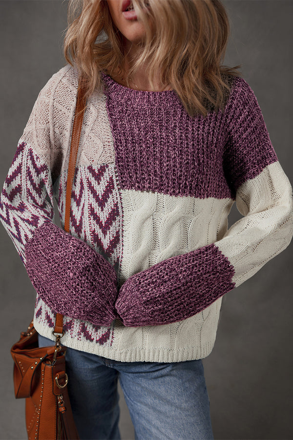 Pull femme patchwork, ample, colorblock — violet