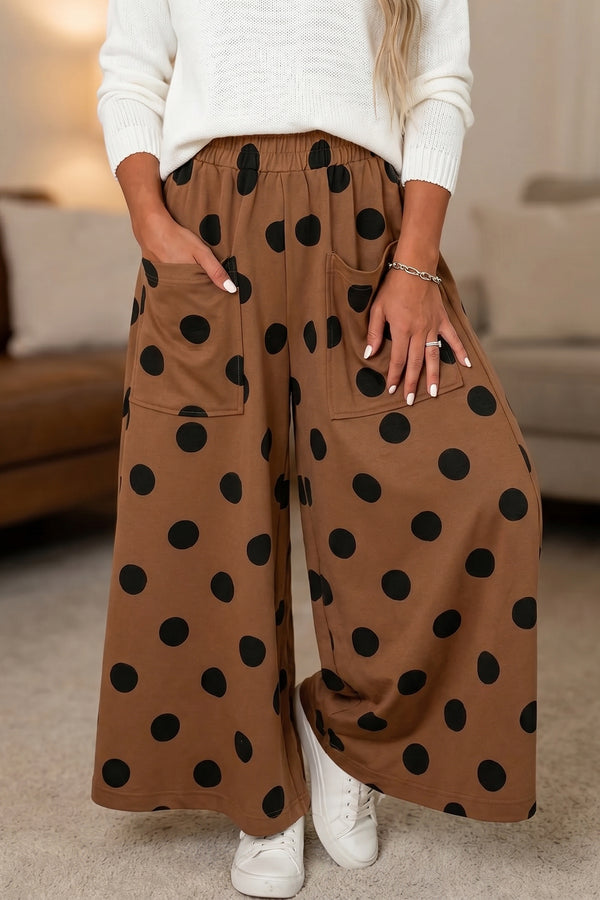Pantalon femme pois, taille élastique, jambe large, casual — marron