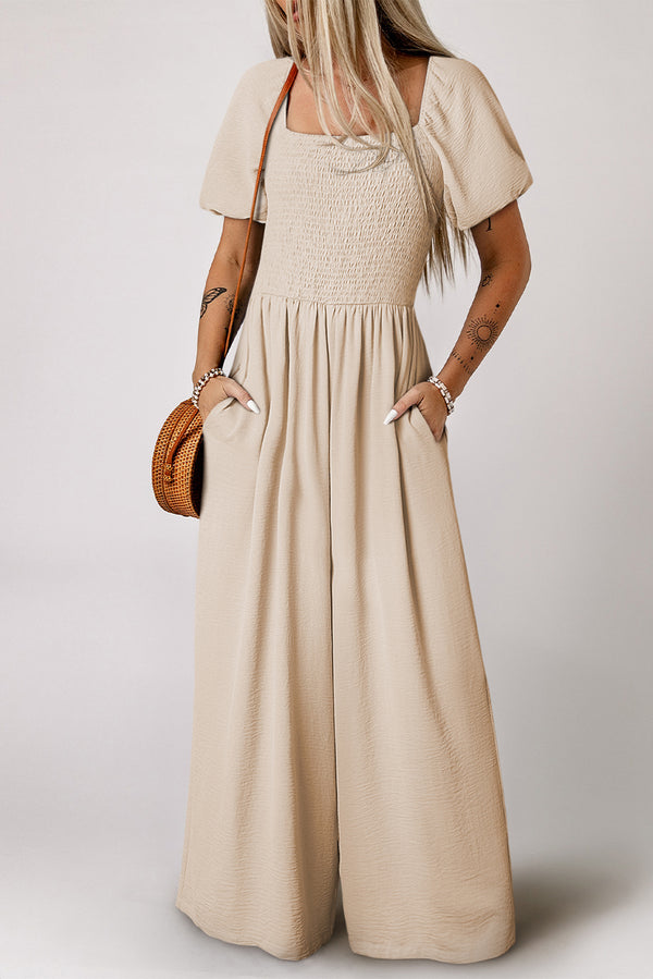 Combinaison femme smocké, manches ballon, jambe large — abricot