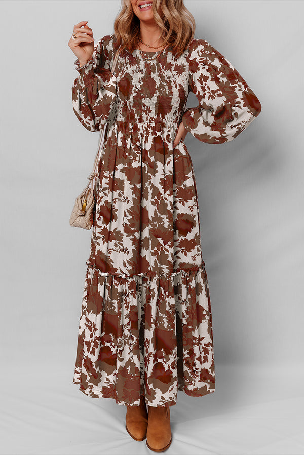 Robe femme floral, à volants, smocké, manches bouffantes