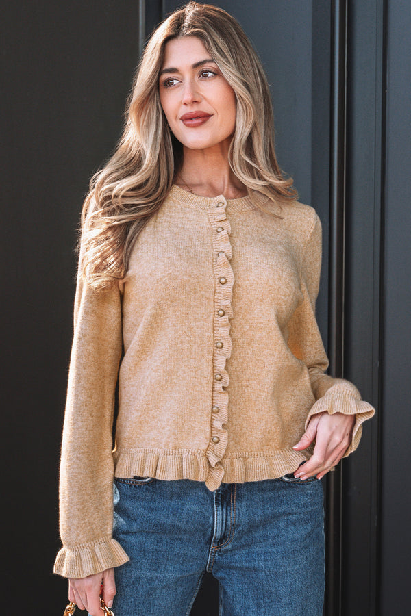 Oatmeal Ruffle Trim Gold Button Sweater Cardigan femme · LC2712815-P1015 · LC2712815-P1015-L