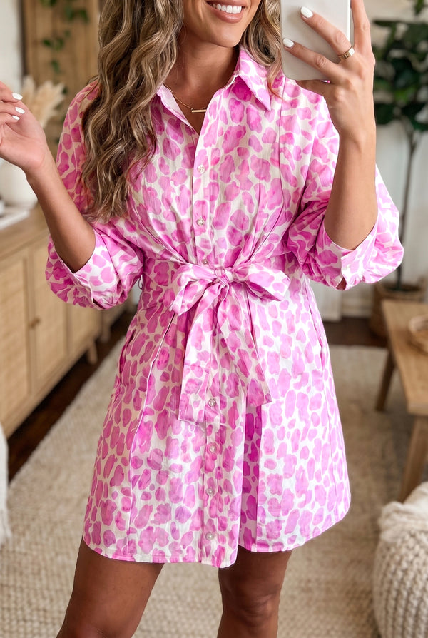 Robe femme léopard, manches bouffantes, mini — rose · LC6130094-P1020 · LC6130094-P1020-L