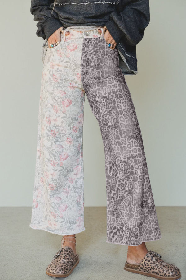 Jean femme léopard, floral, patchwork — multicolore