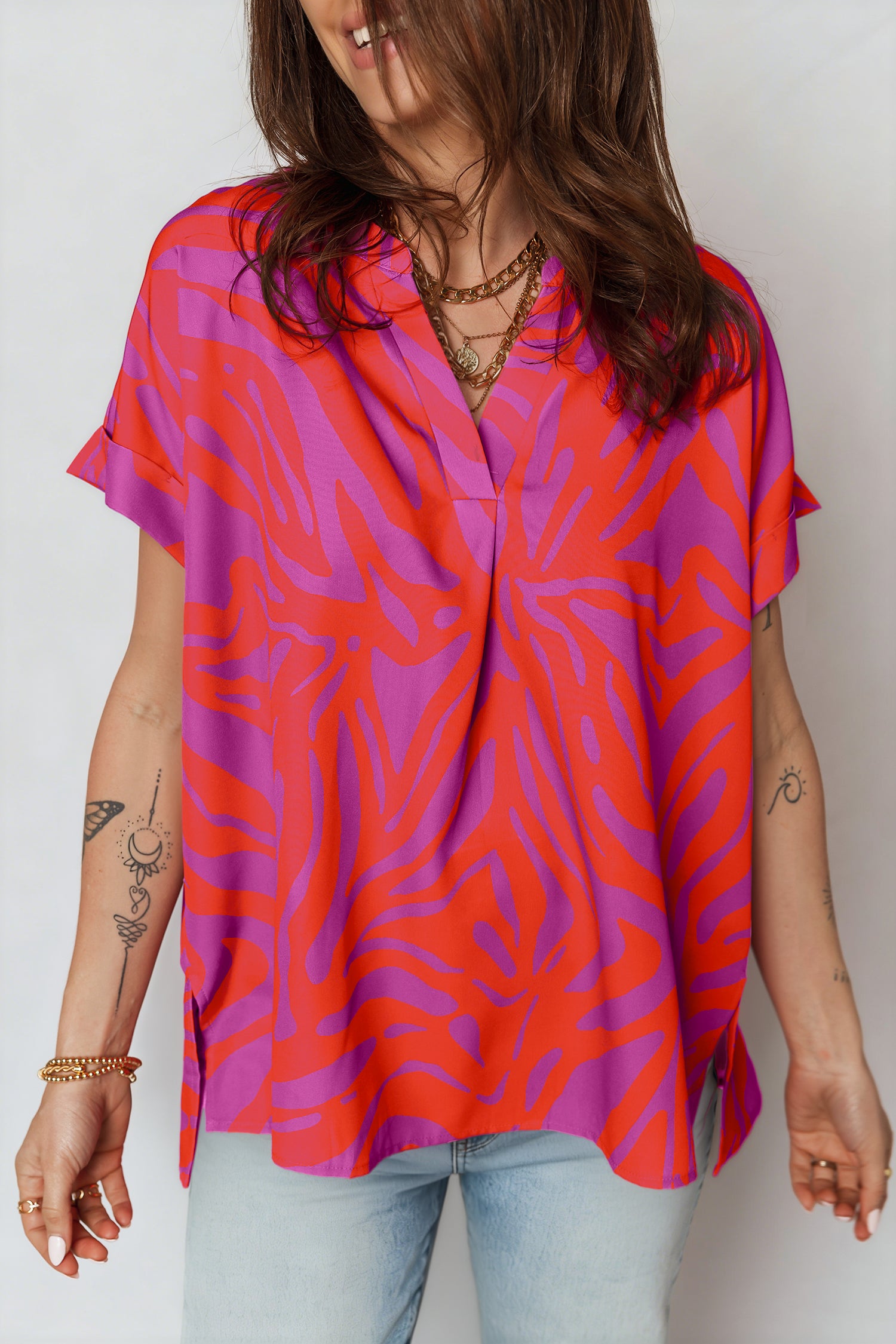Blouse femme manches courtes, col V — multicolore