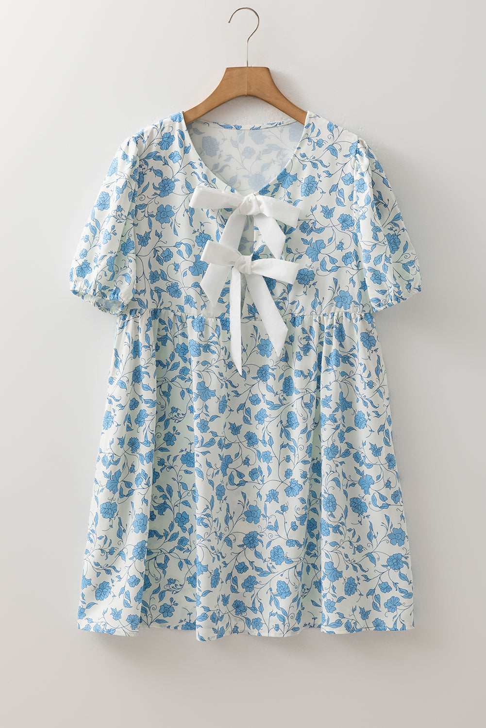 Sky Blue Leopard Contraste Bow Puff Sleeve Mini robe