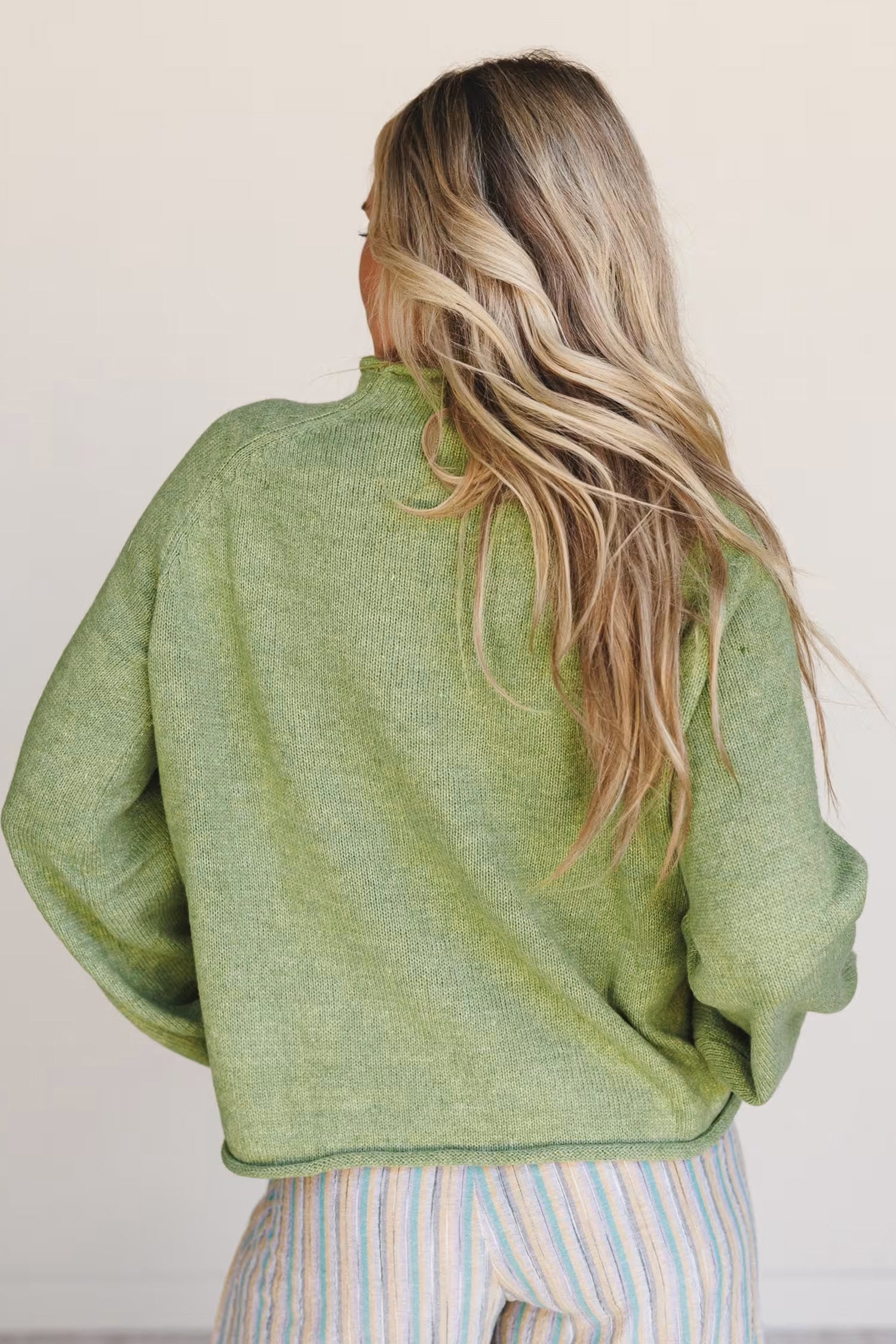 Meadow Mist Green Unique Fish Knit Oversized Round Neck Sweater