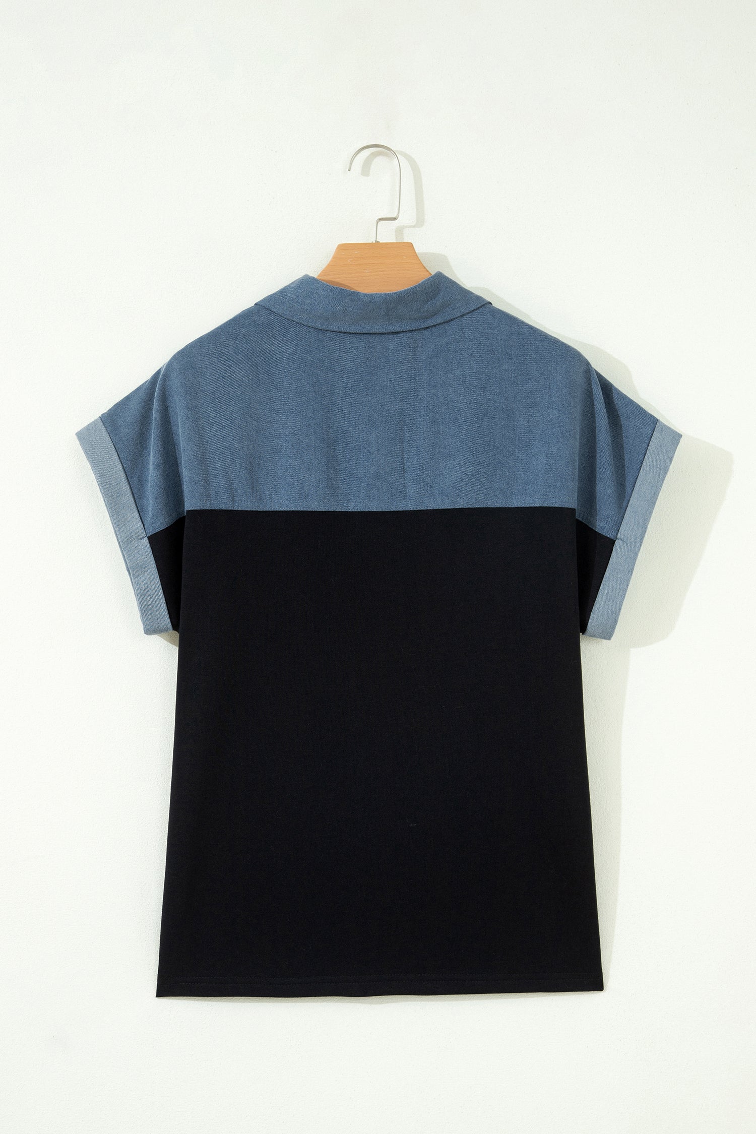 Black Color Block Denim Patchwork Button Polo Collar Short Sleeve Top