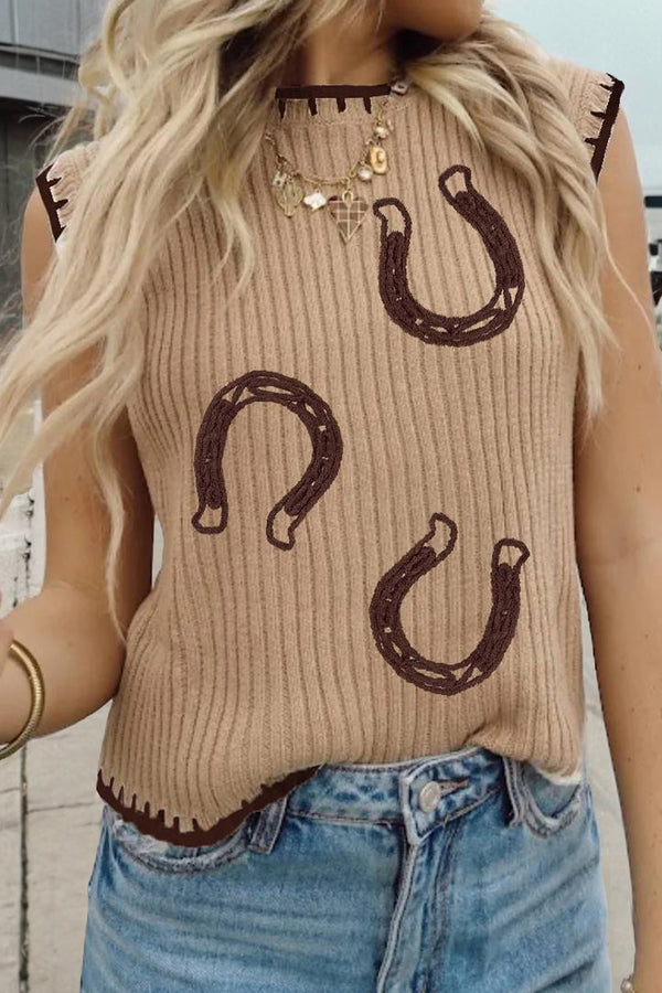 Pull femme en maille, col rond, bordure contrastée, côtelé — beige