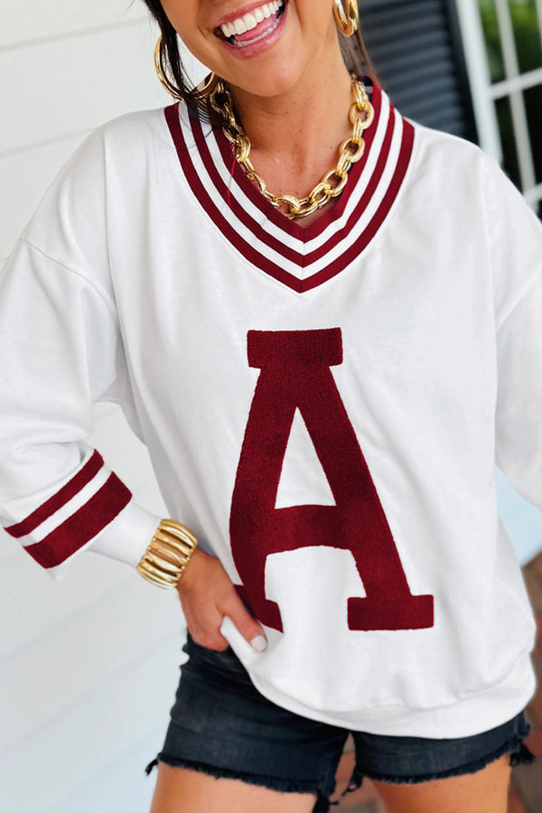 Sweat femme graphique, rayé, manches bouffantes, col V — rouge