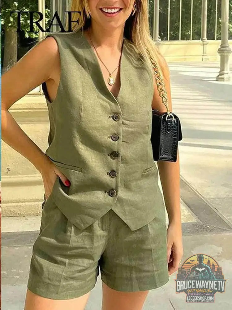 👗 Ensemble deux pièces femme – Gilet sans manches & short à poches - Legeekshop