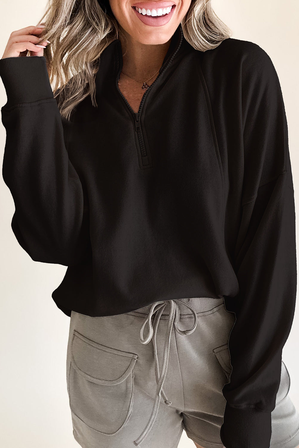 Sweat femme zip, épaules tombantes — noir