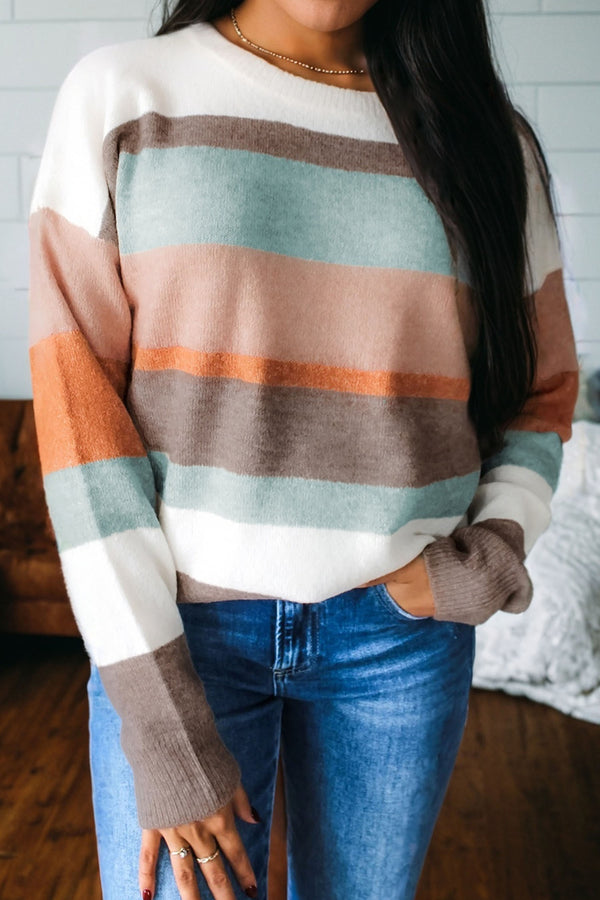 Pull femme rayé, en maille, épaules tombantes, colorblock — blanc