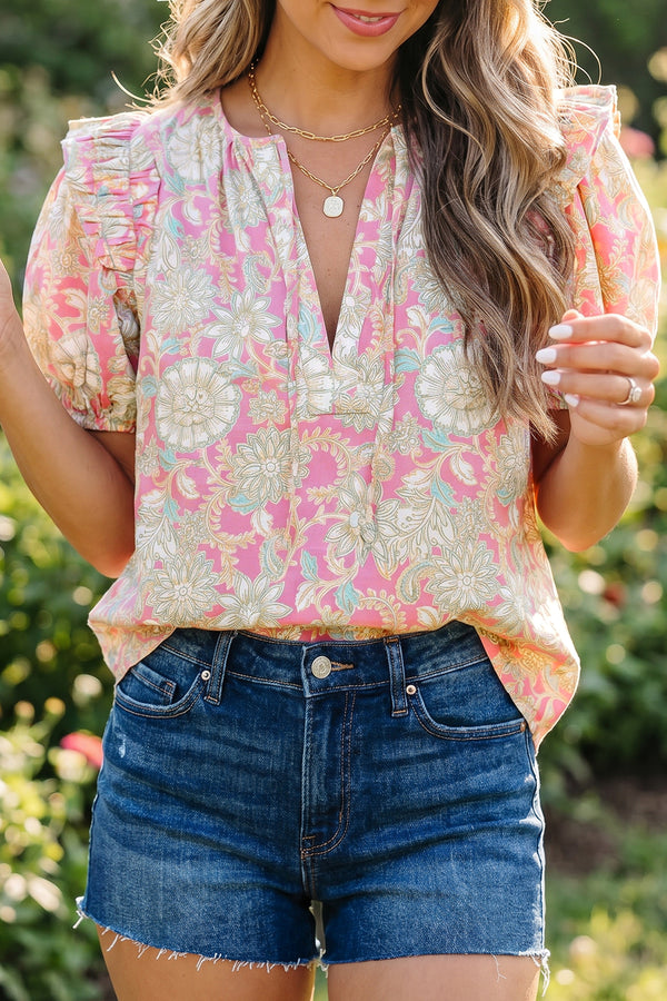 Pink Tie V Neck Floral Short Puff Sleeve Blouse