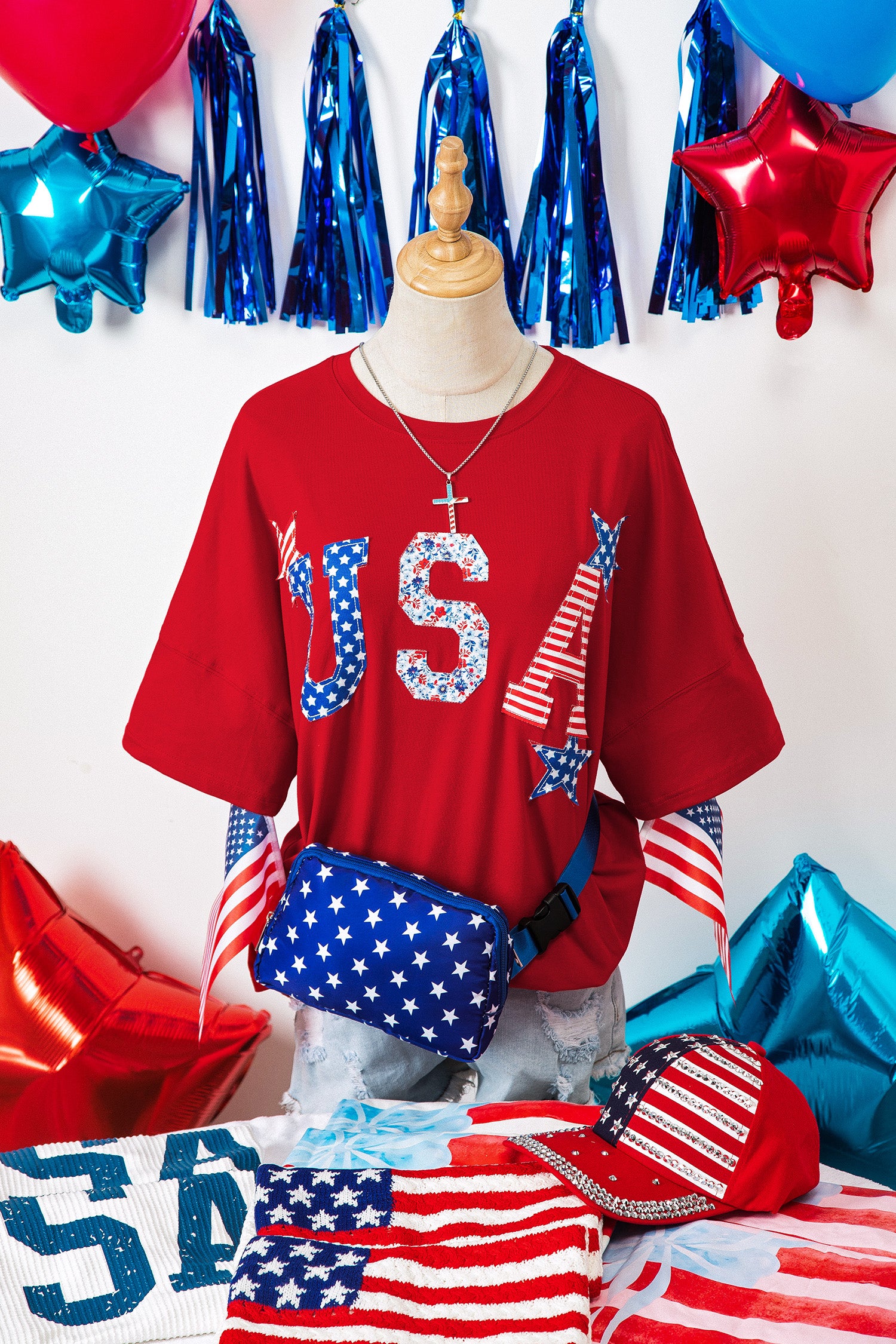Fiery Red Patriotic USA Slogan Patch Embroidery Short Sleeve T Shirt