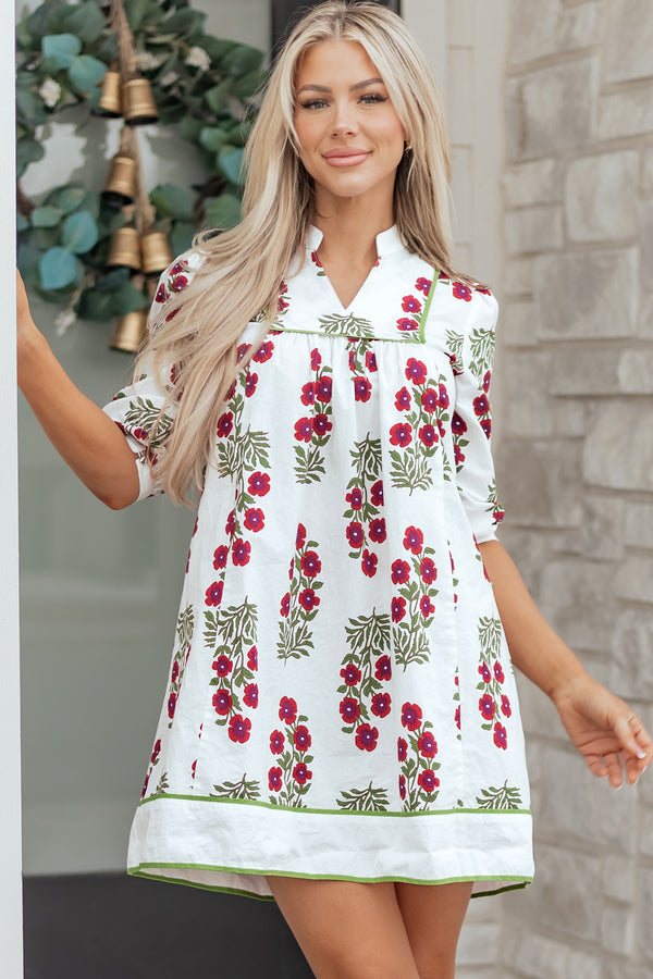 Robe femme floral, col V, ample — blanc
