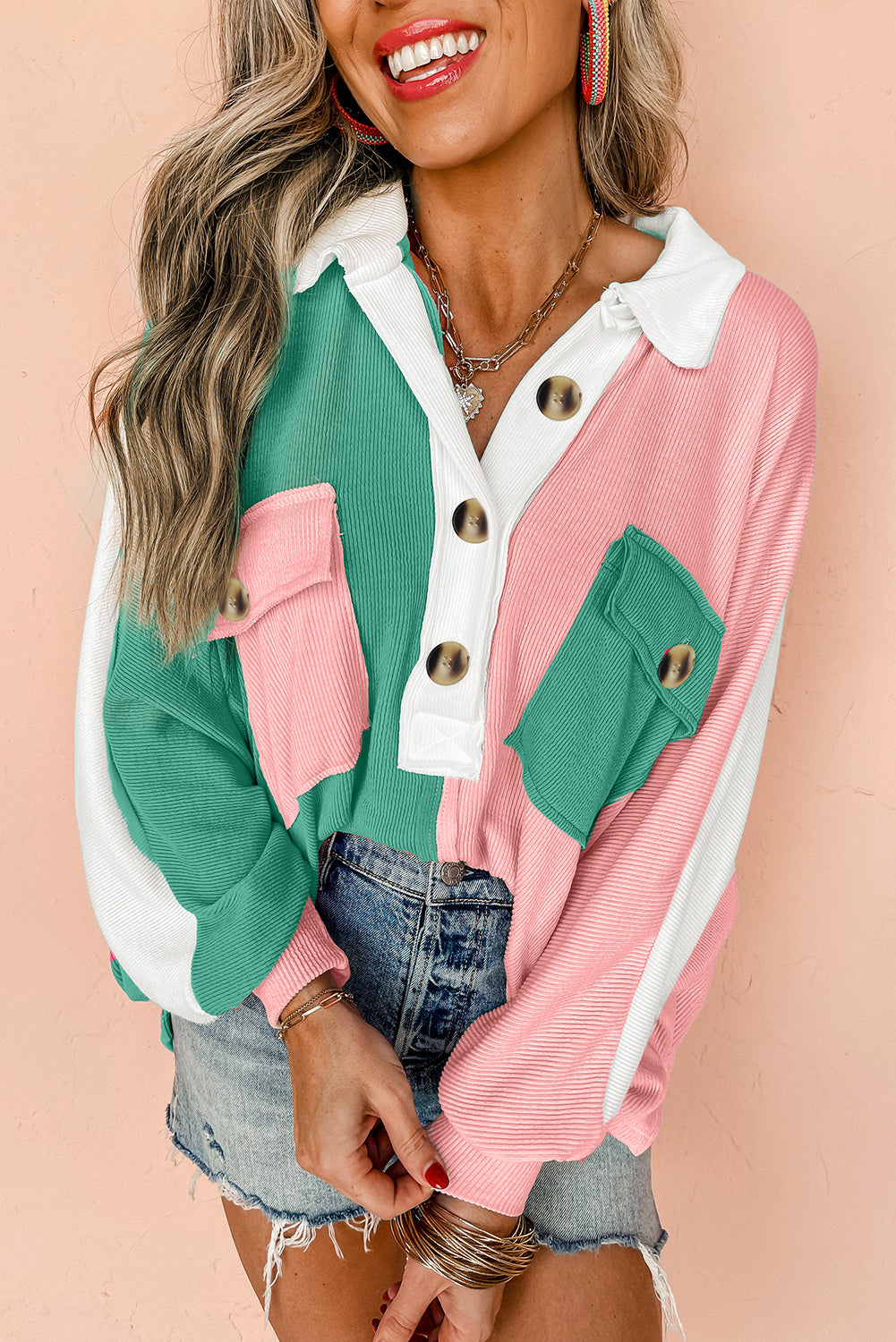 Sweat femme oversized, côtelé, colorblock — rose