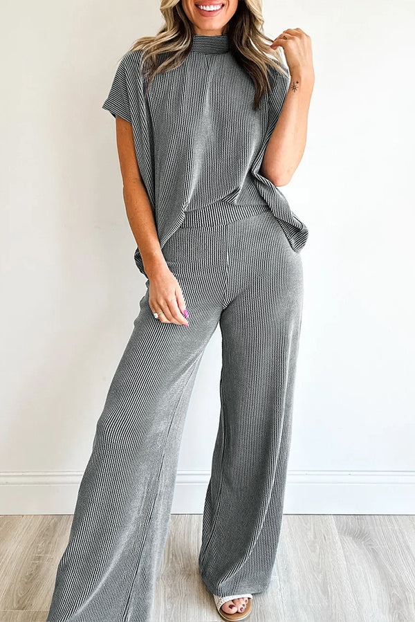 Pantalon femme col montant, taille haute, ample, côtelé — gris foncé · LC628364-P2011 · LC628364-P2011-L