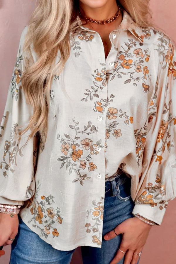 Chemise femme floral, boutonnée, manches longues — abricot
