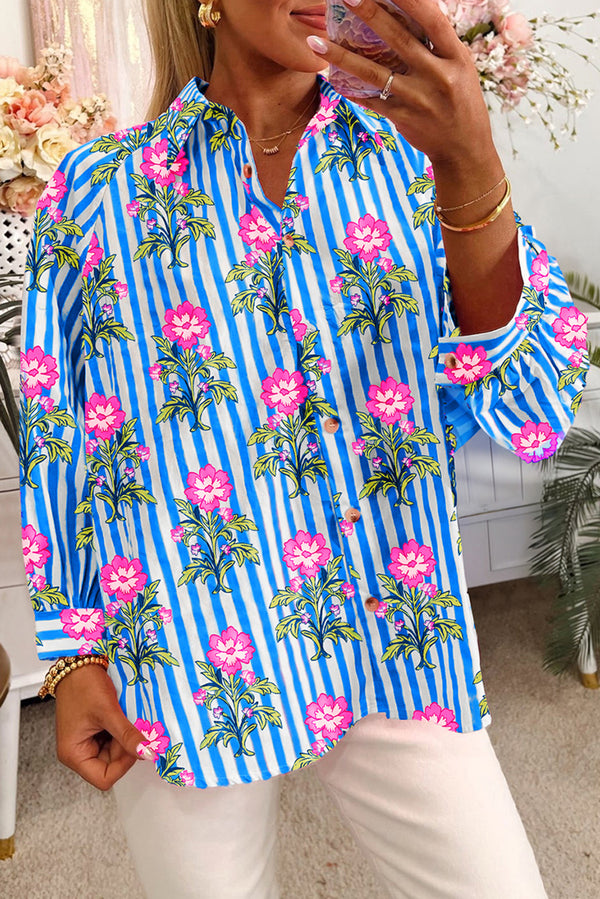 T-shirt femme floral, rayé, boutonnée, ample — bleu