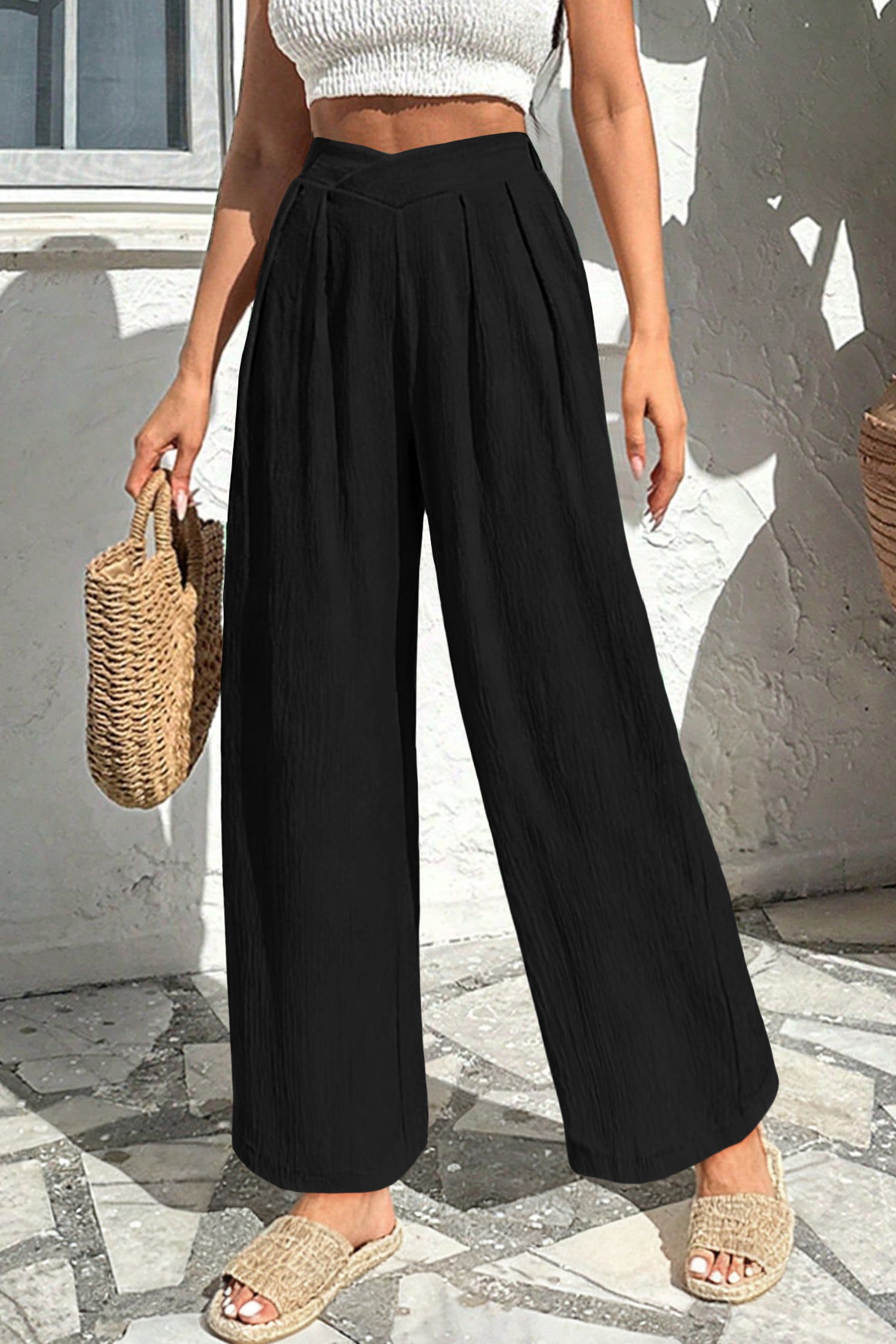 Pantalon femme ample, uni — noir
